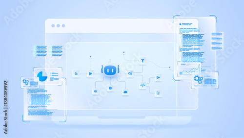 AI workflow automation artificial intelligence. ai agent network diagram dashboard machine learning flow processing system, coding and automation system.