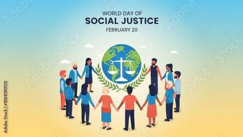 Diverse group of people holding hands around the globe with scales of justice for world day of social justice
