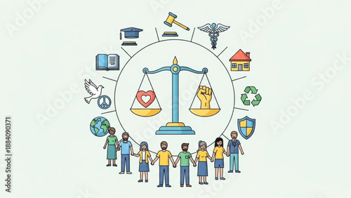 Diverse people stand united around scales of justice with symbols of law education health and environment representing equality and harmony