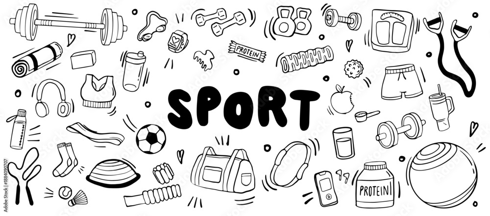 Obraz premium sport fitness doodle illustration – workout training equipment vector set 