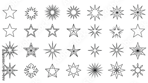 Large grid of various star shapes shows different numbers of points and design styles in a minimalist outline format.