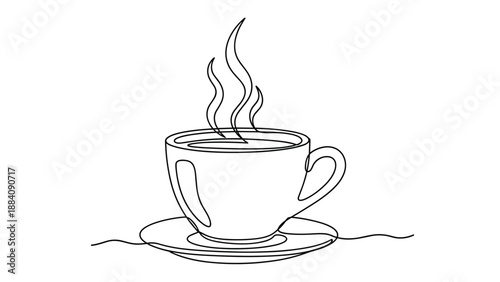 Single continuous line drawing of a steaming coffee cup on a saucer conveys a sense of morning calm and relaxation.