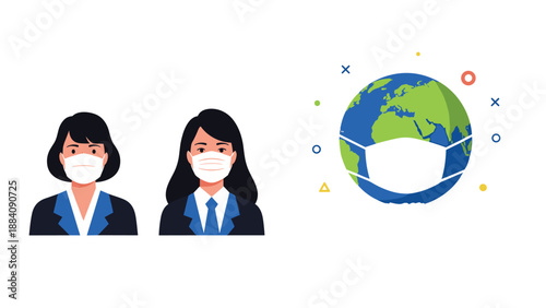 Two professional women wear protective face masks next to a globe icon also wearing a mask to promote global health.