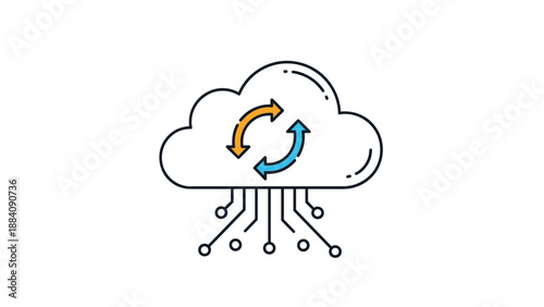Cloud computing icon features circular arrows for synchronization and circuit lines for data transfer on a white background.