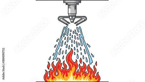 Industrial fire sprinkler system activates to extinguish a roaring orange flame with a powerful spray of water droplets.