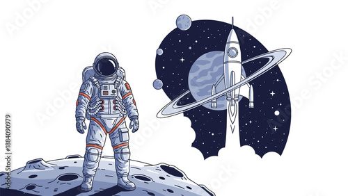 Intrepid astronaut stands on the surface of the moon as a powerful space rocket launches towards distant planets and stars.