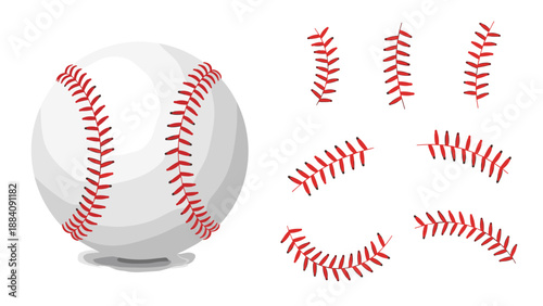 Illustration of a white baseball with its red stitching components separated to show the detail and construction of the sports ball.