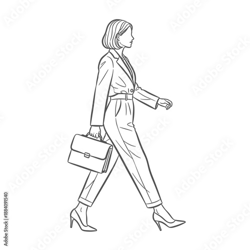 Confident Businesswoman Walking with Briefcase in Professional Attire.