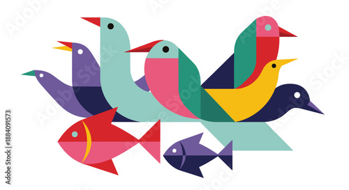 Colorful Geometric Birds and Fish Shapes.