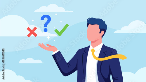 A suited professional stands amidst the clouds, contemplating a critical choice symbolized by a floating red cross, a blue question mark, and a green checkmark