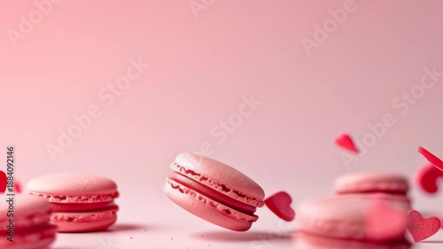 Delicious french macaroons with small heart decorations on a pastel background for valentine celebration