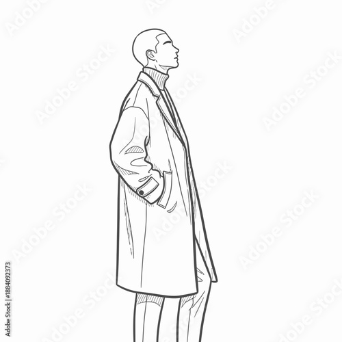 Elegant Man in Trench Coat Standing Sideways Looking Up.