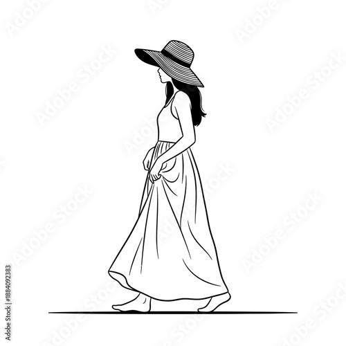 Elegant Woman in Flowing Dress and WideBrimmed Hat Walking Gracefully.
