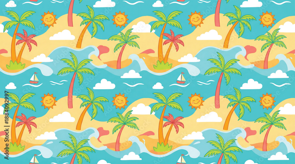 Obraz premium Tropical Beach Pattern with Palm Trees and Sun