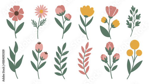 Colorful Hand Drawn Floral Elements Collection.