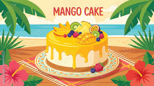 Mango Cake on Beach with Tropical Fruits and Flowers