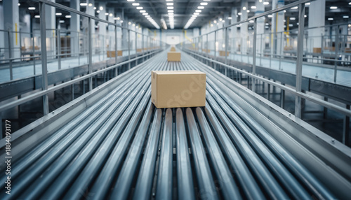 Packages moving on conveyor belt in industrial warehouse amidst global political tension world and geopolitic influences