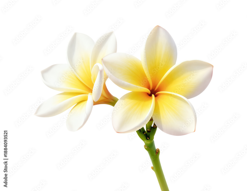 Fototapeta premium Two white and yellow tropical frangipani flowers