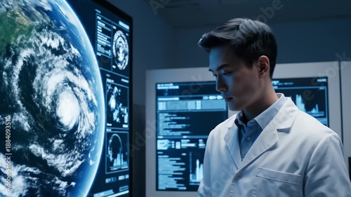 Asian Scientist Analyzing Earth Global Climate Change on Digital Touchscreen