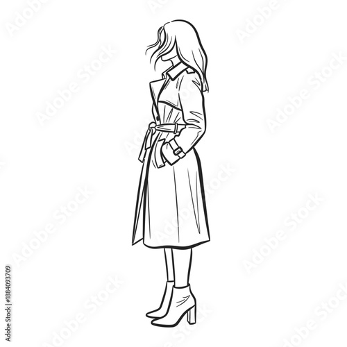 Fashionable Woman in Trench Coat Standing Profile View Sketch.