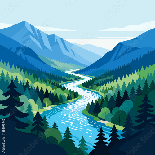 [Vector EPS]Beautiful mountain range with a winding river flowing through dense forests