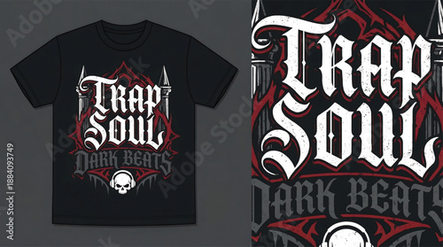 Black T-Shirt with Trap Soul Dark Beats Gothic Design on Grey Background