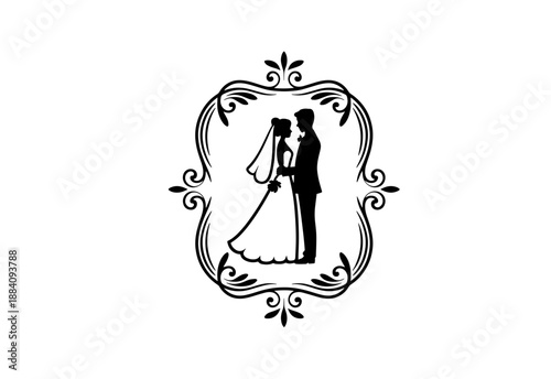 Black vector silhouette illustration of a romantic couple , married bride and groom kissing in a wedding celebration