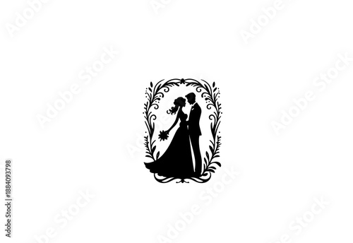 Black vector silhouette illustration of a romantic couple , married bride and groom kissing in a wedding celebration
