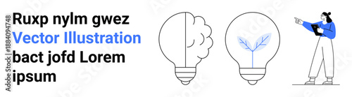 Two light bulbs representing innovation and growth, accompanied by a character holding a tablet and pointing. Ideal for creativity, education, inspiration, business strategy, growth, modern design