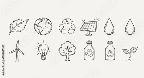 Collection of hand-drawn icons representing environmental sustainability and renewable energy concepts