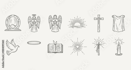 Collection of religious and spiritual symbols in a minimalist line art style