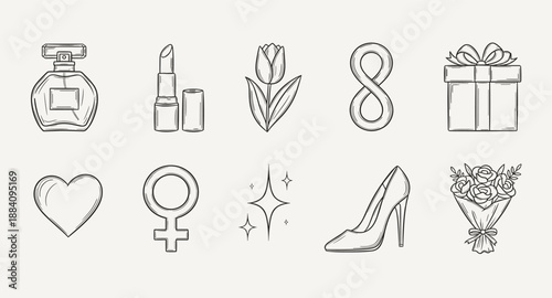 Collection of hand-drawn icons representing feminine symbols and gifts for International Women's Day