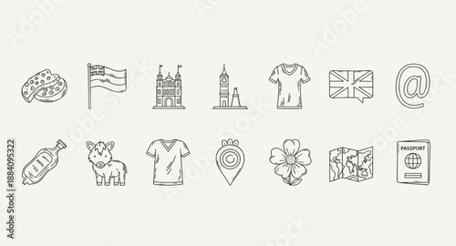 Collection of hand-drawn icons representing British culture and travel essentials