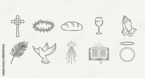 Collection of Christian symbols including cross, crown of thorns, bread, wine, dove, and Bible
