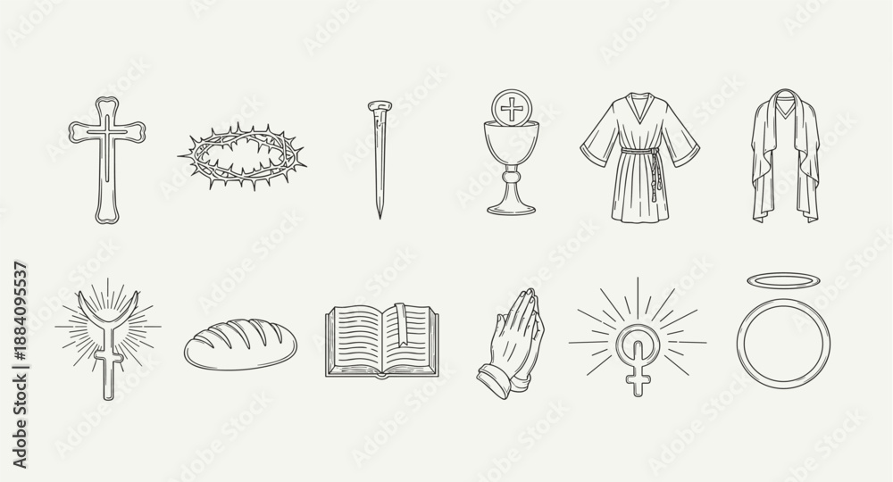 Fototapeta premium Collection of Christian religious symbols and icons in a minimalist line art style