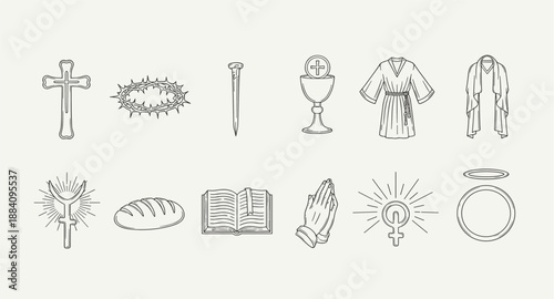 Collection of Christian religious symbols and icons in a minimalist line art style