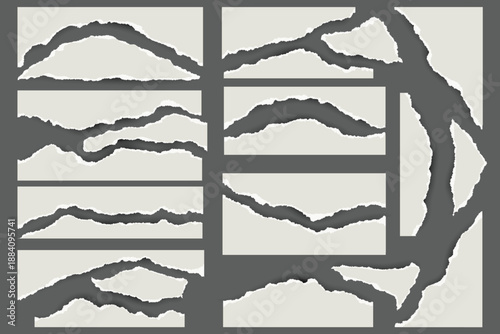 Torn paper with rough edges. Pieces of ripped sheets. Notebook fragments for scrapbooking and collage design. Vintage textured details for templates. Realistic patch elements. Vector set.