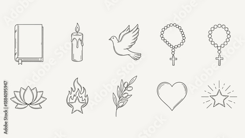Collection of religious and spiritual symbols in a minimalist line art style