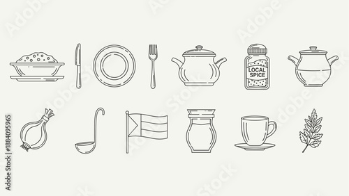 Collection of kitchen utensils and food items in a simple line art style