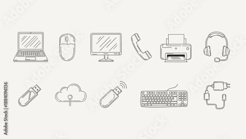 Collection of line art icons representing various computer and office technology devices