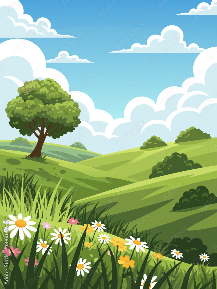 Naklejka premium Vibrant Spring Meadow Landscape Vector Illustration with Rolling Hills and Wildflowers