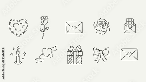 Collection of romantic hand-drawn icons for Valentine's Day and love themes