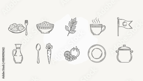 Collection of hand-drawn food and kitchen icons with a Turkish flag and steaming cup
