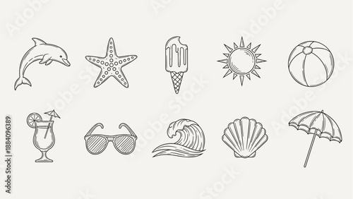 Collection of hand-drawn summer vacation icons including a dolphin, starfish, ice cream, sun, and beach ball