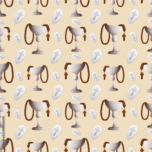 Seamless Christian communion symbols pattern with chalice rosary and cross elements