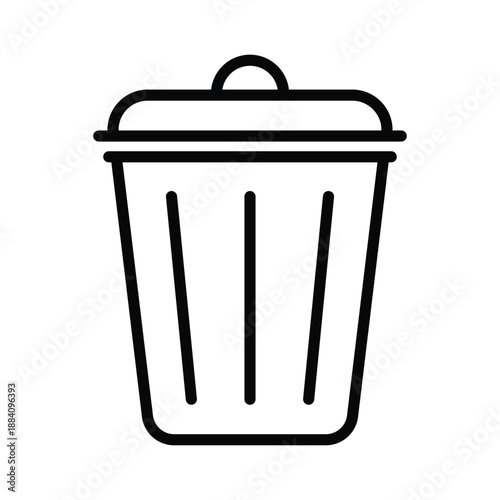 Black and white trash can icon with lid and vertical slats, ideal for UI design, app interfaces, and digital platforms. Minimal vector style representing delete or discard functionality.