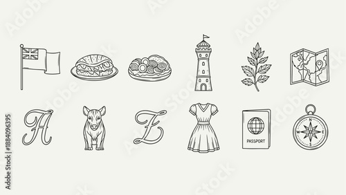Collection of travel and local icons including a flag, food, and compass