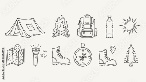 Collection of hand-drawn outdoor adventure and camping icons in a simple line art style