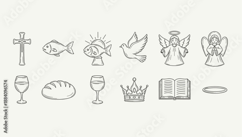 Collection of religious symbols including cross, fish, dove, angels, bread, wine, crown, and book