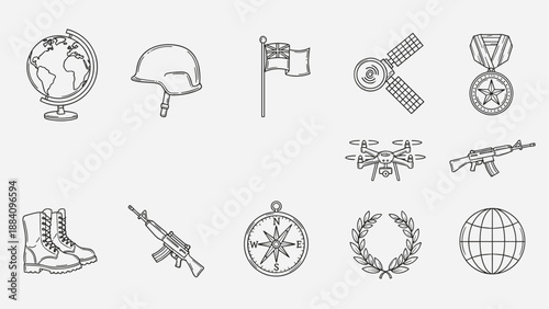 Collection of military and defense icons, including globe, helmet, flag, satellite, and drone